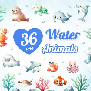 36 animales acuáticos lindos de acuarela, criaturas marinas, ilustraciones de animales marinos, imágenes prediseñadas de animales oceánicos, paquete PNG, imágenes prediseñadas para niños.