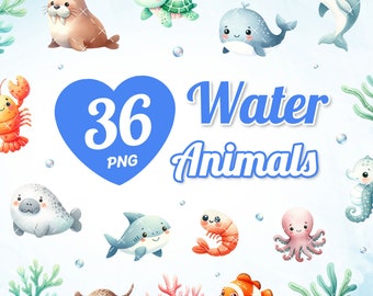 36 animales acuáticos lindos de acuarela, criaturas marinas, ilustraciones de animales marinos, imágenes prediseñadas de animales oceánicos, paquete PNG, imágenes prediseñadas para niños.