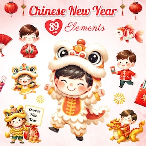 89 elementi dell'acquerello del Capodanno cinese, Capodanno lunare, Clipart del Festival di primavera, Celebrazione del Festival cinese, Festival cinese per bambini.