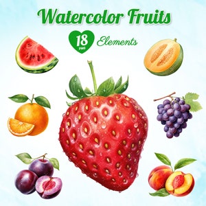 18 Watercolor Fruits, Fruit Elements, Fruit Clipart, Healthy Fruit, Strawberry, Orange, Grape, Watermelon, Banana, Pineapple, Lemon, Kiwi.