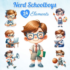 24 aquarel nerd schooljongens, geeky jongens illustraties, schattige nerd karakters, brildragende jongens clipart, tiener nerds artwork.