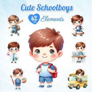 42 Watercolor Cute Schoolboys, Back to School, Boys Backpack, School Outfit Clipart, Boys School Artwork, Schoolboy Student.