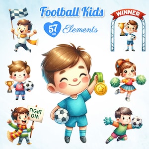 57 水彩画の子供用サッカー、子供用サッカー アート、子供用サッカー、子供用サッカー グラフィック、サッカー アクティビティ、ユース サッカー バンドル。