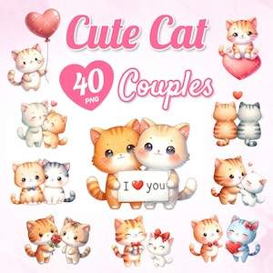 40 Watercolor Cute Cat Couples, Cat Dating, Romantic Animals, Valentine's Couples, Romantic Cats, PNG Bundle, Clipart for Kids.
