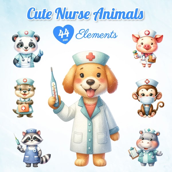 44 Watercolor Nurse Animals, Nurse Pet Art, Medical Animal Art, Veterinary Artwork, Nurse Day Concept, Animal Medic Art.