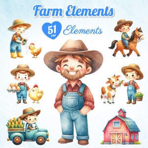 May include: A set of 51 farm-themed illustrations, including a farmer, animals, a barn, and other farm elements. The illustrations are in a cartoon style and are perfect for use in digital or printed projects.