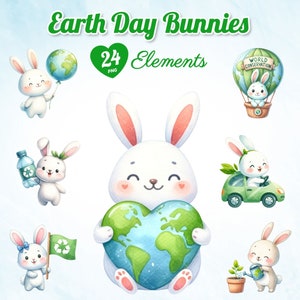 24 coelhinhos do Dia da Terra em aquarela, ilustrações de coelhinhos ecológicos, gráficos de preservação da natureza, lebre que ama a terra, pacote de conservação de coelhinhos.