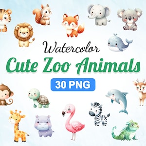 30 animaux de zoo aquarelle, animaux de safari, animaux de la jungle, animaux mignons, cliparts animaux, chambre de bébé, ensemble PNG, cliparts pour enfants.