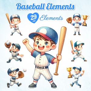May include: A set of 29 baseball-themed illustrations featuring cartoon baseball players in various poses, including holding a bat, a baseball, a trophy, and a glove. The illustrations are in a colorful cartoon style with a blue, red, and white color scheme.