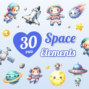 30 Watercolor Space Elements, Solar Systems, Space Kids, Cute Space, Galaxy Clipart, Space Clipart, PNG Bundle, Clipart for Kids.