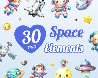 May include: A set of 30 space-themed illustrations, including astronauts, planets, stars, and a spaceship. The illustrations are in a cartoon style and are perfect for use in digital or printed projects.