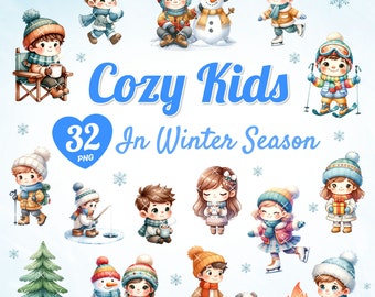 32 Watercolor Cozy Kids in Winter Season, Winter Kids, Winter Activities, Cute Kids, Winter Clipart, PNG Bundle, Clipart for Kids.