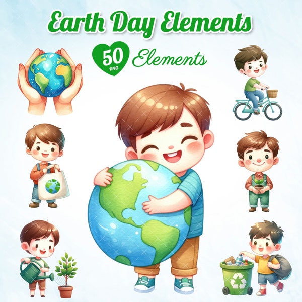 50 Watercolor Earth Day, World Conservation Illustrations, Kid Nature Preserve Graphics, Green Planet Clipart, Kid Conservation Arts Bundle.