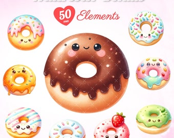 50 beignets mignons aquarelles, art mignon de beignet, art de caractère de beignet, oeuvre d'art de petit beignet, décoration de beignet de chambre d'enfant, beignet pour enfants.