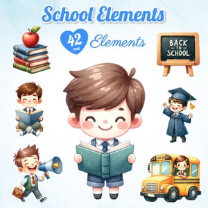 42 éléments scolaires aquarelles, graphismes pour la rentrée, oeuvres d'art scolaires adaptées aux enfants, illustrations sur le thème de l'école, cliparts de fournitures scolaires.