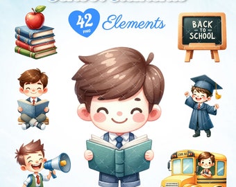 42 Aquarell Schulelemente, Schulanfang Grafiken, kinderfreundliche Schulkunst, Illustrationen zu Schulthemen, Schulzubehör Clipart.