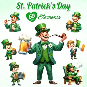 69 Watercolor St. Patrick&#39;s Day Elements, Shamrock Clipart, Irish Dance Clipart, Leprechaun Illustrations, Irish Green Illustrations.