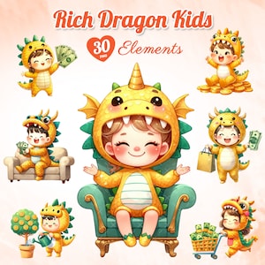 36 枚の水彩画の豊かなドラゴンの子供、旧正月、春節のクリップアート、中国の祭りのお祝い、子供向けの金色のドラゴン。
