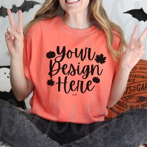 Bright Salmon Comfort Colors Halloween Model Mockup, Mockup Photo Comfort Colors 1717, Bright Salmon Tshirt Fall Mockup, Spooky Model Mockup