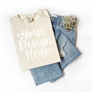 Ivory Comfort Colors 1717 Flat Lay Folded Tshirt Mockup, Ivory Gildan Mockup, Tshirt Mockup, Simple Flat Lay Mockup, Print on Demand Mockup