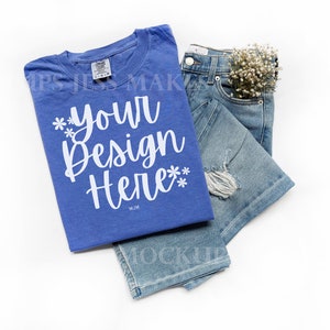 Periwinkle Comfort Colors 1717 Flat Lay Folded Tshirt Mockup, Periwinkle Tshirt Mock, Simple Flat Lay Mockup for Social Media Gildan CC1717