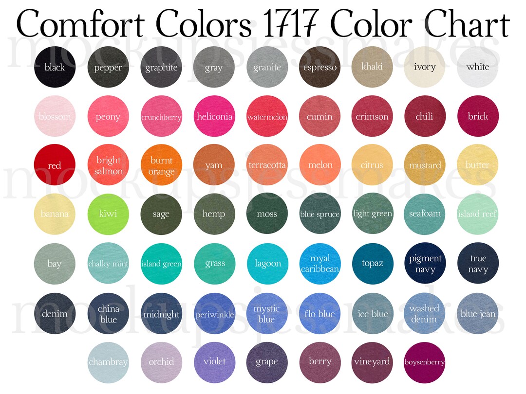 Comfort Colors 1717 Tshirt Color Chart Real Photograph Includes 61 ...