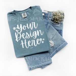 Ice Blue Comfort Colors 1717 Flat Lay Folded Tshirt Mockup, Ice Blue Tshirt Mock, Simple Flat Lay Mockup for Social Media Gildan C1717, Fold