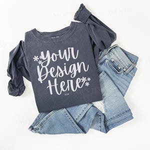 Denim 6014 Comfort Colors Folded Flat Lay Mockup, Long Sleeve Comfort Colors Mockup, Simple Flat Lay Mockup, C6014 Denim, Womens Shirt Mock