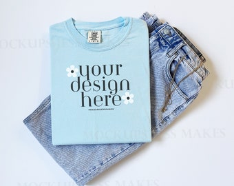 Springtime Chambray Flat Lay Mockup, Blue Comfort Colors Mockup, Chambray Tshirt Mockup, Simple Flat Lay Mockup, Simple Spring Seasonal Mock