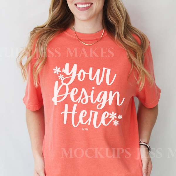 Bright Salmon Comfort Colors 1717 Mockup, Bright Salmon Model Mockup, Gildan Mock, Comfort Colors Mockup, Simple CC 1717 Bright Salmon Mock