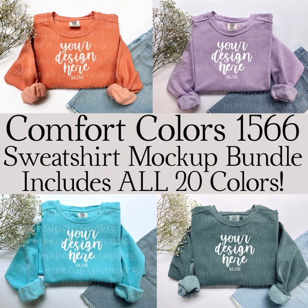 Comfort Colors 1566 Full Bundle - Includes ALL 20 Sweatshirt Colors - Chambray, Denim, Light Green, Terracotta Folded Flat Lay Mockup Bundle