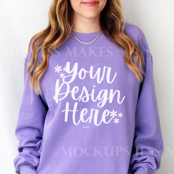 Simple Violet Comfort Colors Sweatshirt Mockup, Mock For Everyday Use, Violet Sweater Model Mockup, Print on Demand, CC 1566 Violet Mockup