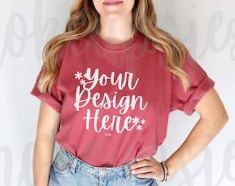 Crimson Comfort Colors 1717 Mockup, 1717 T-Shirt Mock, Comfort Colors Model Mockup, Crimson 1717 Tee, Comfort Colors Mockup, Short Sleeve