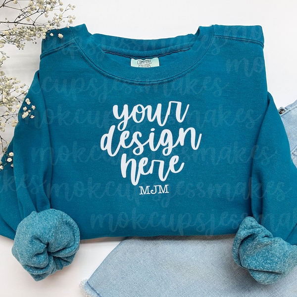 Topaz Blue Comfort Colors Sweatshirt Flat Lay Mockup for Print on Demand, POD, or Personal Shop Use - Crewneck Mockup - CC 1566 Cute Mockup