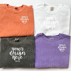 Set of 4 Halloween Colors Flat Lay Comfort Colors Sweatshirts Mockup - Includes Pepper, White, Terracotta, and Lilac Comfort Colors 1566