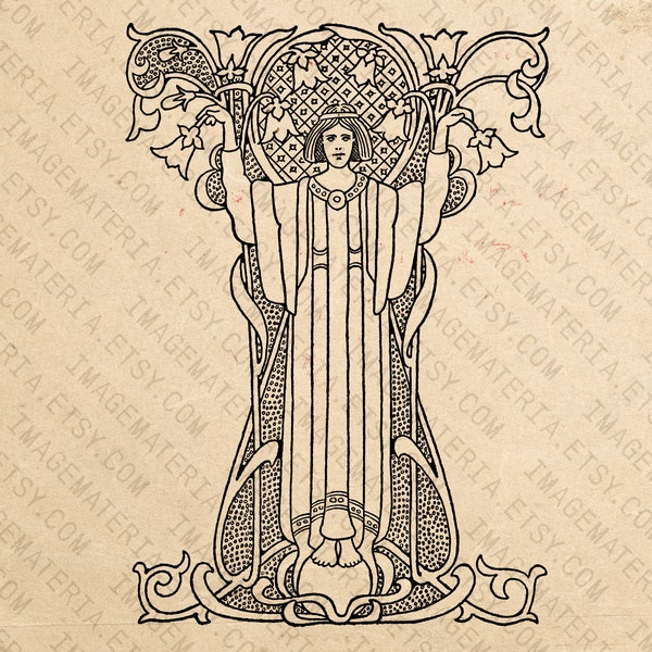 Vintage hand drawn engraving, Art Nouveau style figure. Instant Download high res PNG JPG clip art element for craft, design, colouring book