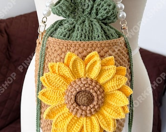 Handmade Crochet Bucket Bag, 3D Sunflower, Caramel Brown