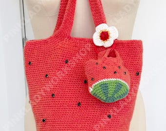 Crochet Watermelon Tote Bag | Handmade Fruit Purse | Summer Strawberry Style Bag | Cute Knit Handbag | Kawaii Tote with Charm