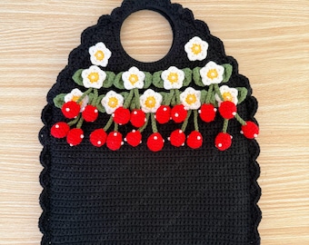 Crochet Strawberry Tote Bag | Handmade Floral Purse