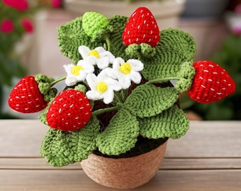 Handgemaakte afgewerkte gehaakte aardbeienpot | Aardbeiendecor | Aardbei gehaakte pot | Decoratieve planten | Gehaakte bloemen | Huisdecoratie
