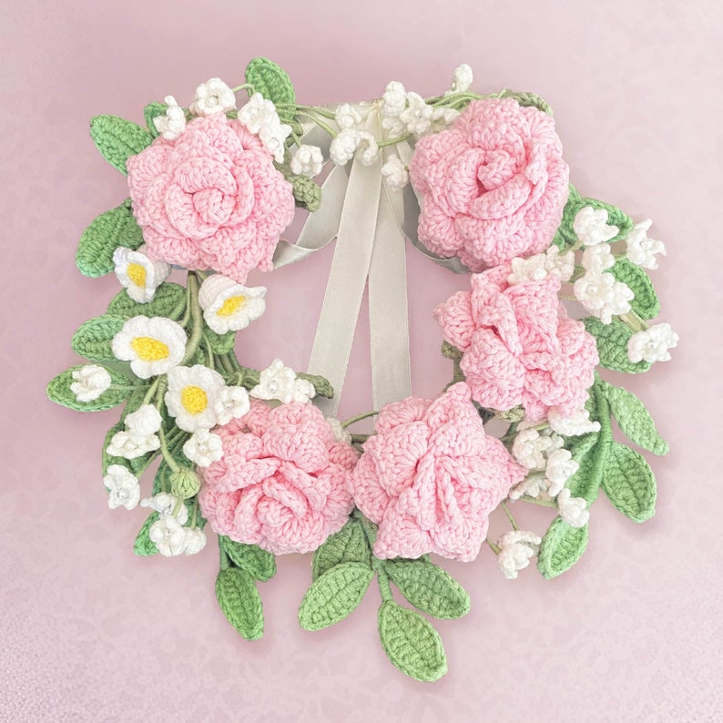 Handmade Crochet Rose Wreath Pink Rose Crochet Flowers Front Door Decoration Bachelorette Party Wedding Decor Bride Room Decor image 1