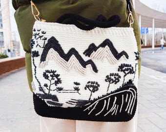 Crochet Landscape Crossbody Bag | Handmade Mountain & Cherry Blossom Purse | Aesthetic Shoulder Bag | Unique Art Tote | Gift for Her