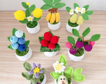 Crochet Fruit Pot Set: Handmade Yarn Plants, Kawaii Mini Decor