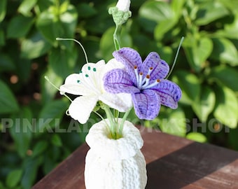 Crochet Corncockle Flower Bouquet in Vase | Handmade Crochet Flowers | Unique Long-Lasting Floral Decor & Gift