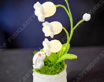 Crocheted Lily of the Valley Night Light with Bunny | Spring Cottagecore Decor Lamp