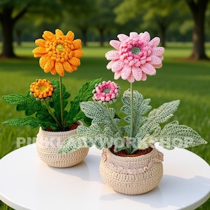 Handmade Crochet Daisy Pot: Gerbera Flower Arrangement