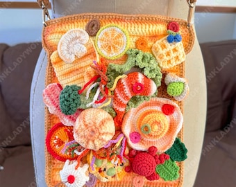 Handmade Crochet Crossbody Bag, 3D Food Appliqués, Orange Ombre