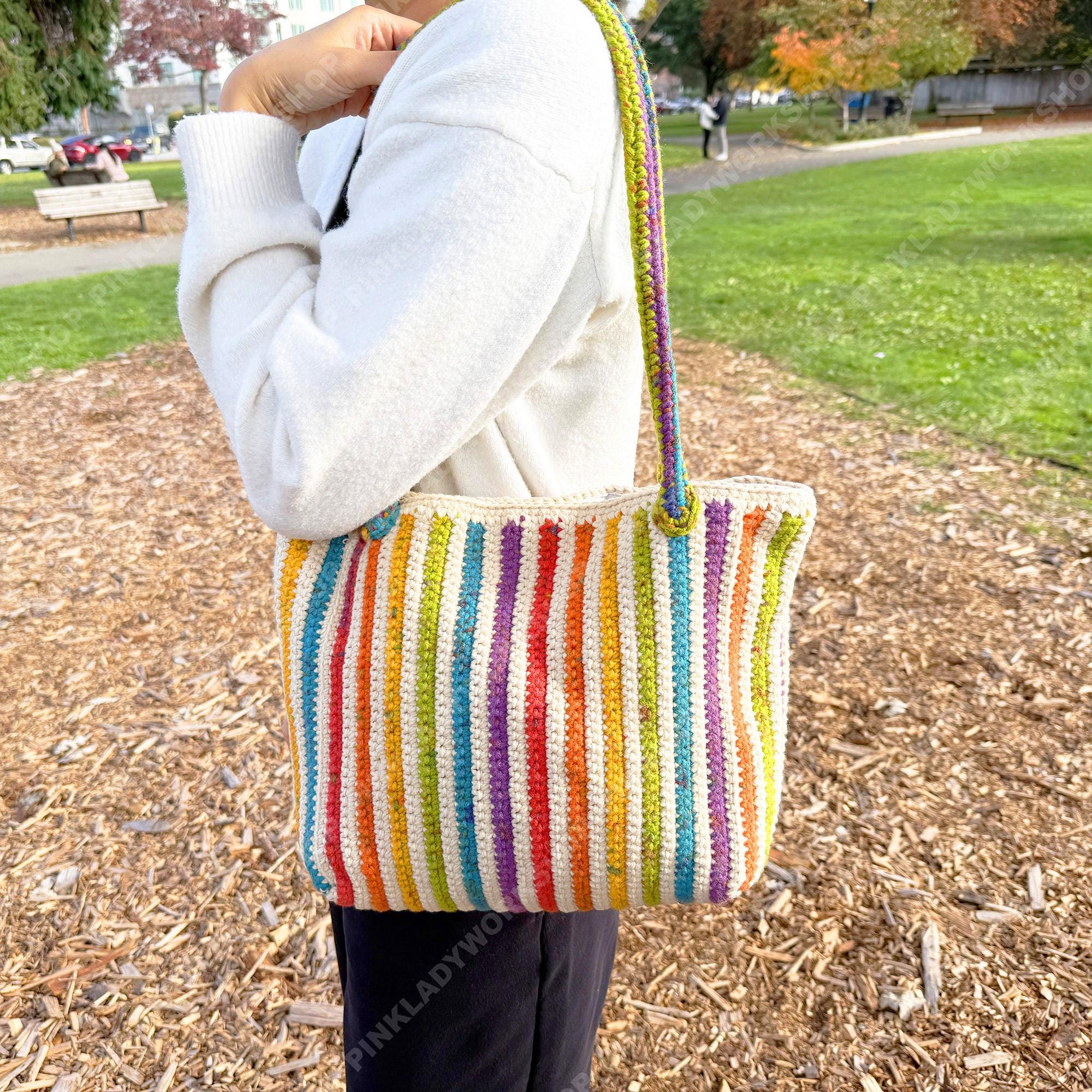 Crochet Rainbow Striped Tote Bag | Handmade Boho Shoulder 