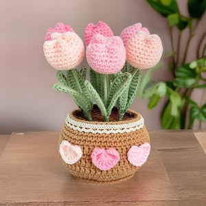 Handmade Finished Crochet Flower Pot | Pink Tulip Decor | Pink Crochet Flower | Decorative Plants | Crochet Flowers | Home Decor