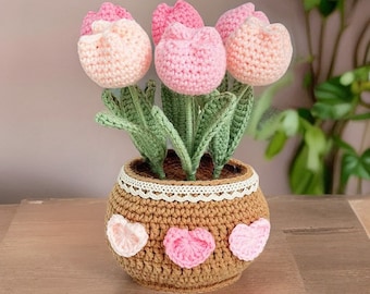 Maceta de flores de ganchillo terminada hecha a mano / Decoración de tulipán rosa / Flor de ganchillo rosa / Plantas decorativas / Flores de ganchillo / Decoración del hogar